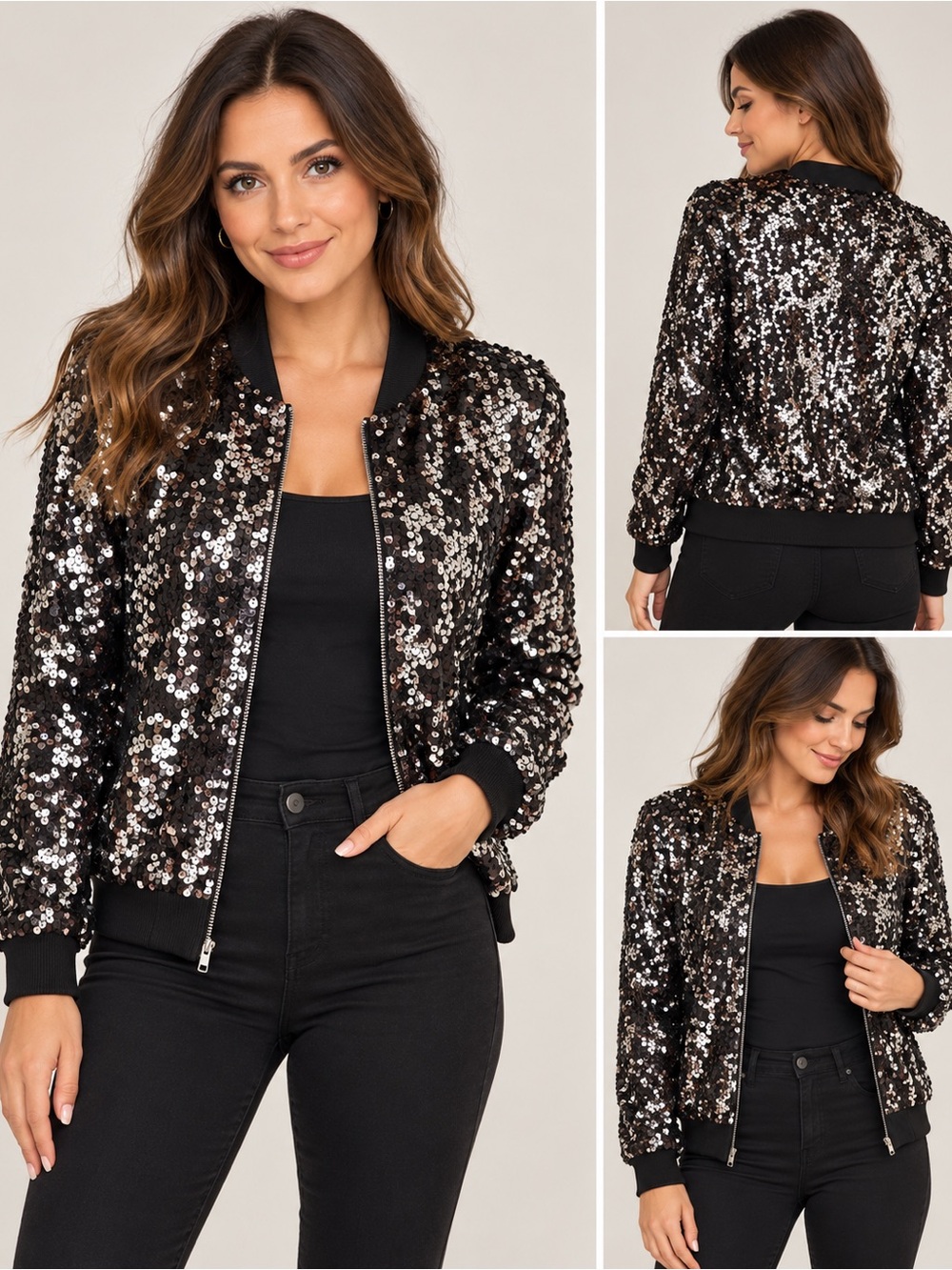 Sequin Bomber Jacket - Black